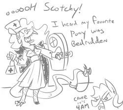 Size: 547x489 | Tagged: safe, artist:jargon scott, derpibooru import, discord, fluttershy, draconequus, pegasus, pony, angry, animaniacs, black and white, butterscotch, eris, grayscale, monochrome, nurse, nurse outfit, pointy boobs, rule 63, sketch