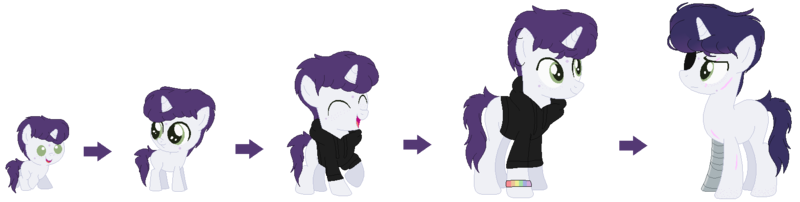 Size: 1634x412 | Tagged: safe, artist:venomns, derpibooru import, oc, oc:mythic, pony, unicorn, 5-year-old, age progression, baby, baby pony, clothes, colt, eyepatch, hoodie, male, simple background, solo, stallion, transparent background