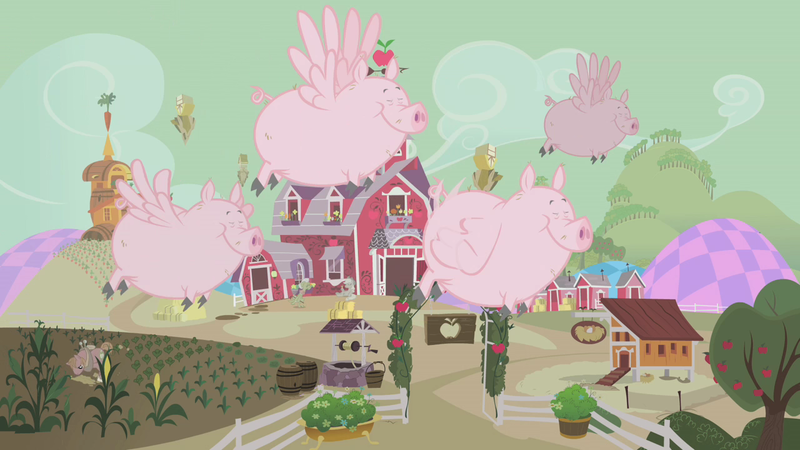 Size: 1280x720 | Tagged: applejack, big macintosh, chaos, derpibooru import, discorded, discorded landscape, farm, flying, flying pig, granny smith, green sky, pig, safe, screencap, sweet apple acres, the return of harmony