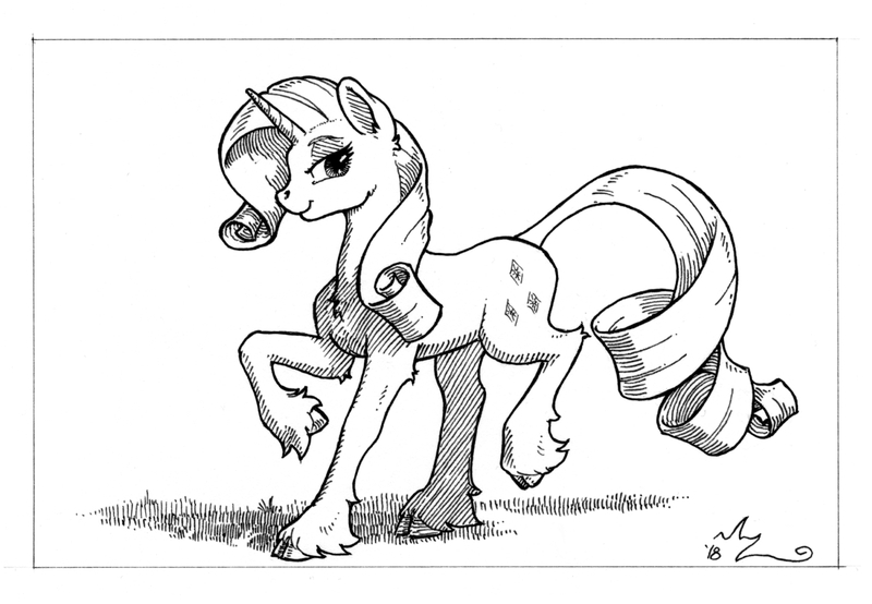 Size: 1200x831 | Tagged: safe, artist:amarynceus, deleted from derpibooru, derpibooru import, rarity, classical unicorn, pony, unicorn, black and white, cloven hooves, female, grayscale, leonine tail, mare, monochrome, pen drawing, raised hoof, signature, simple background, sketch, smiling, solo, traditional art, unshorn fetlocks, white background