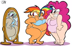 Size: 2205x1470 | Tagged: artist:joeywaggoner, bbw, belly, belly button, big belly, big breasts, bra, breasts, busty pinkie pie, busty rainbow dash, butt, cleavage, clothes, derpibooru import, double chin, fat, grin, gritted teeth, hand on chest, human, humanized, mirror, obese, one-piece swimsuit, pacman eyes, panties, pinkie pie, ponytail, pose, pudgy pie, rainblob dash, rainbow dash, rainbutt dash, reflection, simple background, smiling, suggestive, swimsuit, thunder thighs, underwear, white background