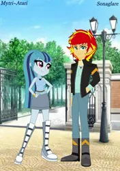 Size: 570x810 | Tagged: safe, artist:mytri-atari, derpibooru import, sonata dusk, sunset shimmer, equestria girls, friendship games, boots, bracelet, clothes, equestria guys, female, half r63 shipping, jacket, jewelry, male, necklace, rule 63, shipping, shoes, sonaglare, straight, sunset glare