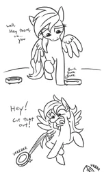 Size: 752x1240 | Tagged: safe, artist:jargon scott, derpibooru import, rainbow dash, pegasus, pony, about to have tail sucked into a roomba, biting, black and white, bonk, comic, confused, dialogue, female, flying, frown, grayscale, mare, monochrome, open mouth, raised eyebrow, raised hoof, raised leg, roomba, roombadash, roombashy, screaming, simple background, slice of life, solo, spread wings, surprised, tail, tail bite, tail pull, tongue out, vrrr, white background, wide eyes, wings