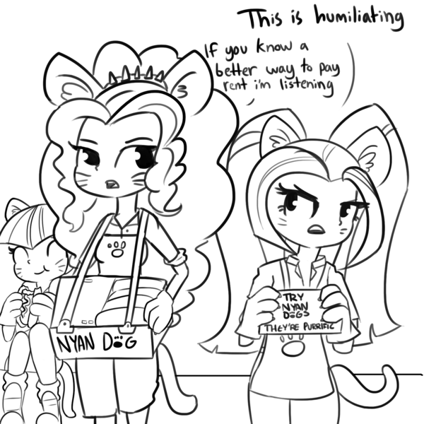 Size: 1650x1650 | Tagged: safe, artist:tjpones, derpibooru import, adagio dazzle, aria blaze, sonata dusk, siren, equestria girls, rainbow rocks, black and white, cat ears, cat gloves, clothes, dialogue, eating, female, food, gloves, grayscale, hot dog, meat, monochrome, nya, paw prints, pun, sausage, simple background, smiling, the dazzlings, trio, whiskers, white background