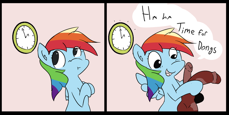 Size: 3043x1531 | Tagged: questionable, artist:davierocket, derpibooru import, rainbow dash, pegasus, pony, 2 panel comic, :t, blushing, clock, comic, dildo, female, funny porn, happy, hoof hold, horsecock dildo, mare, mottled genitals, nudity, penis time, sex toy, simple background, spread wings, text, wingboner, wings