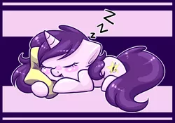 Size: 1024x716 | Tagged: safe, artist:whitehershey, derpibooru import, oc, unofficial characters only, unicorn, chibi, cute, female, mare, ocbetes, pillow, sleeping, smiling, solo, zzz