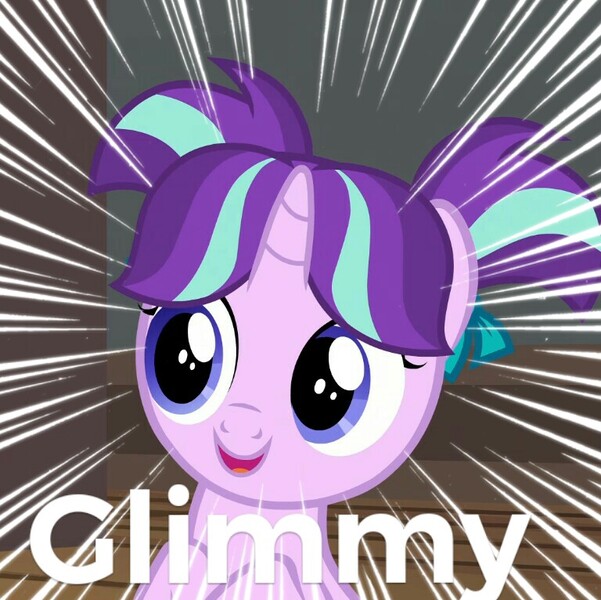 Size: 768x767 | Tagged: safe, derpibooru import, edit, edited screencap, screencap, starlight glimmer, pony, unicorn, derpibooru, uncommon bond, cropped, cute, female, filly, filly starlight glimmer, glimmerbetes, glimmy, meta, open mouth, pigtails, solo, spoilered image joke, younger