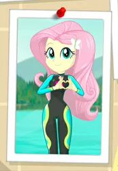 Size: 339x490 | Tagged: safe, artist:charliexe, derpibooru import, fluttershy, equestria girls, equestria girls series, forgotten friendship, cropped, cute, female, heart hands, shyabetes, solo, wetsuit