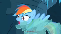 Size: 640x355 | Tagged: caption win, commander hurricane, derpibooru import, freezing, hearth's warming eve (episode), meme, rainbow dash, reaction image, safe, screencap, text, vulgar, wtf, youtube caption