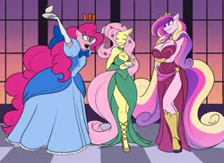 Size: 1280x931 | Tagged: suggestive, artist:toughset, derpibooru import, fluttershy, pinkie pie, princess cadance, anthro, earth pony, unguligrade anthro, big breasts, breasts, busty princess cadance, cake, clothes, commission, dress, eyes closed, female, food, gala dress, mare, small breasts, smiling, talking
