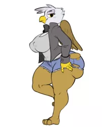 Size: 912x1130 | Tagged: dead source, suggestive, artist:angstrom, derpibooru import, gilda, anthro, digitigrade anthro, gryphon, ass, bedroom eyes, big breasts, breasts, busty gilda, clothes, curvy, daisy dukes, extra thicc, gildonk, hands on waist, huge breasts, huge butt, impossibly large butt, jacket, large butt, leather jacket, plump, shorts, simple background, the ass was fat, thunder thighs, torn clothes, white background, wide hips