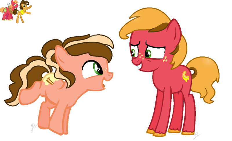 Size: 1185x719 | Tagged: safe, artist:royalswirls, derpibooru import, big macintosh, cheese sandwich, oc, unofficial characters only, earth pony, pony, base used, brothers, freckles, gay, mac n cheese, magical gay spawn, male, offspring, parent:big macintosh, parent:cheese sandwich, parents:mac n cheese, shipping, simple background, unshorn fetlocks, white background