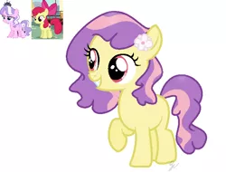 Size: 670x508 | Tagged: safe, artist:royalswirls, derpibooru import, apple bloom, diamond tiara, oc, unofficial characters only, earth pony, pony, base used, blank flank, diamondbloom, female, filly, flower, flower in hair, lesbian, magical lesbian spawn, offspring, parent:apple bloom, parent:diamond tiara, parents:diamondbloom, raised hoof, shipping, simple background, solo, white background