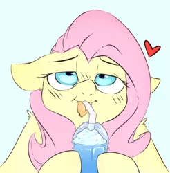 Size: 680x692 | Tagged: artist:angrylittlerodent, derpibooru import, drinking, female, floppy ears, fluttershy, food, heart, safe, solo