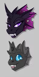 Size: 663x1280 | Tagged: artist:rottenroadkill, blue changeling, changeling, changeling oc, cute, cuteling, derpibooru import, female, head, male, oc, oc:archex, oc:nymphet, purple changeling, safe, unofficial characters only