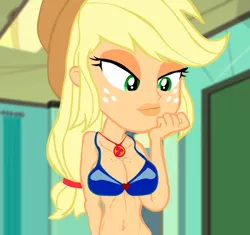 Size: 1214x1140 | Tagged: suggestive, derpibooru import, edit, edited edit, edited screencap, editor:usuarioregular2600, screencap, applejack, equestria girls, 1000 hours in ms paint, belly button, bimbo, bimbo edit, bimbo jack, bimboification, boob freckles, bra, breast edit, breasts, busty applejack, cleavage, clothes, female, freckles, lips, solo, solo female, underwear