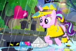 Size: 1200x800 | Tagged: safe, artist:pixelkitties, derpibooru import, starlight glimmer, pony, unicorn, the cutie re-mark, balloon, female, filly, filly starlight glimmer, it, night, paper boat, parody, pennywise, rain, raincoat, script, storm drain, this will end in death, this will end in tears and/or death, this will not end well, too dumb to live, younger