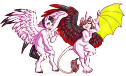 Size: 2000x1200 | Tagged: safe, artist:mr-murder, artist:mr-murder-333, derpibooru import, oc, unofficial characters only, alicorn, anthro, bat pony, demon, demon pony, pegasus, unguligrade anthro, alicorn oc, anthro oc, bat pony oc, chibi, dancing, digital art, happy, leonine tail, simple background, smiley face, transparent background