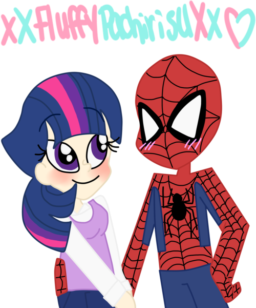 Size: 1024x1229 | Tagged: artist:xxfluffypachirisuxx, clothes, crossover shipping, derpibooru import, female, human, humanized, male, safe, shipping, simple background, spider-man, spidertwi, straight, transparent background, twilight sparkle