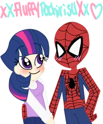 Size: 1024x1229 | Tagged: artist:xxfluffypachirisuxx, clothes, crossover shipping, derpibooru import, female, human, humanized, male, safe, shipping, simple background, spider-man, spidertwi, straight, transparent background, twilight sparkle