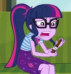 Size: 1178x1226 | Tagged: safe, derpibooru import, edit, edited screencap, screencap, sci-twi, twilight sparkle, equestria girls, equestria girls series, text support, alcohol, beer, bowtie, clothes, cropped, geode of telekinesis, glasses, magical geodes, open mouth, ponytail, skirt, solo, text support: sunset shimmer, underaged drinking