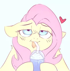 Size: 680x692 | Tagged: safe, alternate version, artist:angrylittlerodent, derpibooru import, fluttershy, pony, 30 minute art challenge, bedroom eyes, cute, drinking, female, floppy ears, food, heart, junk food, looking up, mare, milkshake, shyabetes, simple background, sprinkles, straw, tongue out, whipped cream