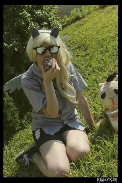 Size: 3456x5184 | Tagged: artist:krazykari, clothes, converse, cosplay, costume, derpibooru import, derpy hooves, doctor whooves, food, glasses, human, irl, irl human, muffin, photo, plushie, safe, shoes, time turner