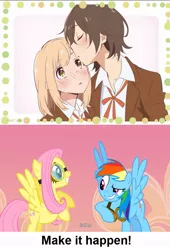 Size: 681x1004 | Tagged: safe, artist:thephilosopony, derpibooru import, edit, edited screencap, screencap, fluttershy, rainbow dash, anime, clothes, exploitable meme, female, flutterdash, image macro, kase san manga series, kissing, lesbian, make it happen, meme, shipping, smiling, tomoka kase, uniform, yui yamada