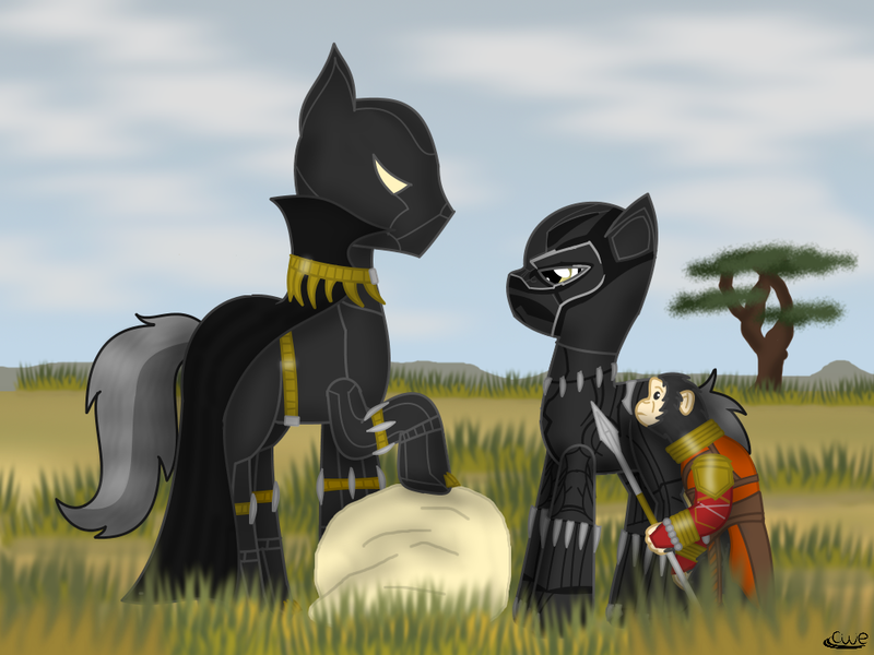 Size: 1000x750 | Tagged: safe, artist:99999999000, derpibooru import, ponified, pony, zebra, black panther, djalia, dora milaje, erik killmonger, incarnation paradox, marvel, marvel cinematic universe, marvel comics, monkeyfied, n'jadaka, species swap, t'challa, zebrafied