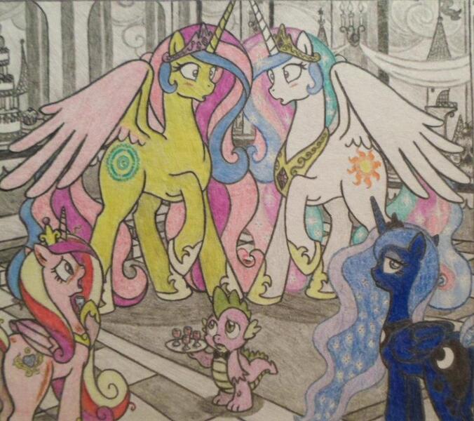 Size: 865x768 | Tagged: safe, artist:x-fang-z, derpibooru import, princess cadance, princess celestia, princess gold lily, princess luna, spike, alicorn, dragon, pony, blushing, ethereal mane, female, male, mare, starry mane, traditional art