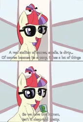 Size: 707x1038 | Tagged: safe, artist:whiskeypanda, derpibooru import, moondancer, oc, oc:anon, human, pony, unicorn, chest fluff, dialogue, drawthread, female, glasses, hoof hold, human fetish, humie, mare, parody, picture, ponified meme, reversed gender roles equestria, reversed gender roles equestria general, text