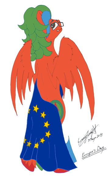 Size: 2498x4071 | Tagged: suggestive, artist:summerium, derpibooru import, oc, oc:summer lights, unofficial characters only, pegasus, pony, europe, european union, flag, glasses, mixed media, smug, unshorn fetlocks, wings