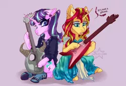 Size: 1024x695 | Tagged: safe, artist:castaspellliana, derpibooru import, starlight glimmer, sunset shimmer, unicorn, the parent map, clothes, dress, duo, ear piercing, earring, female, guitar, jewelry, looking at you, mare, piercing, story in the source, teenage glimmer