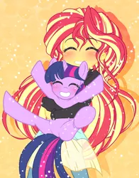 Size: 1100x1400 | Tagged: safe, artist:zat, derpibooru import, sunset shimmer, twilight sparkle, twilight sparkle (alicorn), alicorn, pony, equestria girls, cute, duo, eyes closed, female, holding a pony, hug, lesbian, mare, shipping, smiling, sunsetsparkle