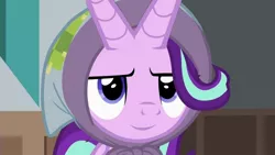 Size: 1440x812 | Tagged: bicorn, blanket, clothes, cute, derpibooru import, edit, edited edit, edited screencap, edit of an edit of an edit, extra horn, female, happy, headscarf, horn, inverted mouth, safe, scarf, screencap, silly, solo, starlight glimmer, the parent map, upgrade