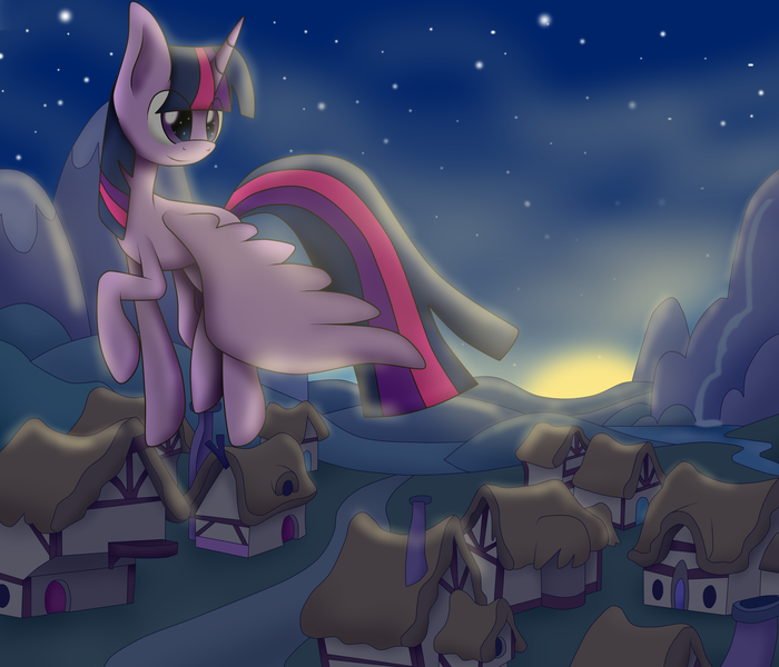 Size: 3808x3266 | Tagged: safe, artist:vicakukac200, derpibooru import, twilight sparkle, twilight sparkle (alicorn), alicorn, pony, female, flying, house, mare, ponyville, scenery, smiling, solo, stars, sun, sunrise, twilight (astronomy)