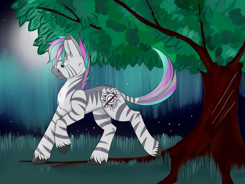 Size: 2560x1920 | Tagged: artist needed, derpibooru import, night, oc, oc:unise, safe, solo, tree, unofficial characters only, zebra, zebra oc