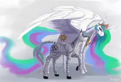 Size: 2500x1700 | Tagged: safe, derpibooru import, princess celestia, oc, oc:unise, alicorn, pony, zebra, celenise, duo, female, jewelry, large wings, male, mare, regalia, spread wings, stallion, tiara, wings, zebra oc