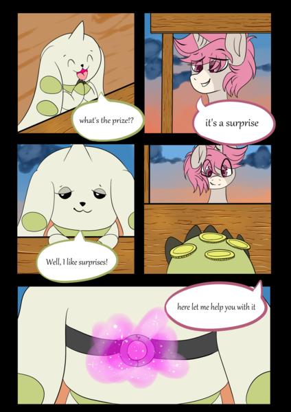 Size: 2100x2970 | Tagged: suggestive, artist:itwasscatters, derpibooru import, oc, oc:intrepid charm, terriermon, unicorn, blindfold, coin, comic, digimon, female, magic, male, stallion, straight