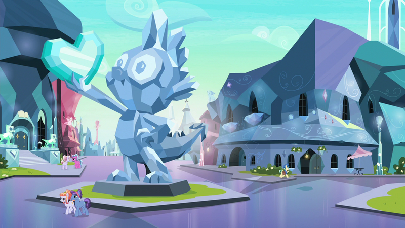 Size: 1280x720 | Tagged: safe, derpibooru import, screencap, spike, crystal pony, pony, the parent map, background pony, city, crystal empire, crystal griffon, spike statue, statue, town square