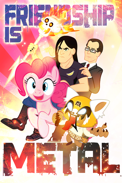 Size: 800x1200 | Tagged: safe, artist:pixelkitties, derpibooru import, pinkie pie, earth pony, pony, aggretsuko, charles foster offdensen, crossover, female, mare, metalocalypse, microphone, nathan explosion, retsuko, sanrio, skull, smiling