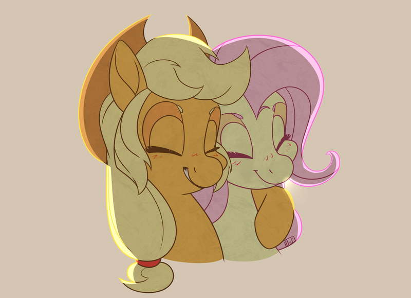 Size: 3000x2170 | Tagged: safe, artist:ogaraorcynder, derpibooru import, applejack, fluttershy, pony, appleshybomb, appleshy, bust, cowboy hat, eyes closed, female, hat, lesbian, mare, shipping, side hug, simple background, smiling, stetson