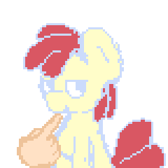 Size: 240x240 | Tagged: suggestive, artist:l1zardr0ckets, derpibooru import, apple bloom, earth pony, pony, animated, bedroom eyes, disembodied hand, female, filly, finger in mouth, gif, hand, licking, lidded eyes, pixel art, simple background, sitting, smiling, solo focus, tongue out, white background