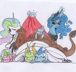 Size: 784x742 | Tagged: safe, artist:kuroneko, derpibooru import, barry, ocellus, princess celestia, princess ember, princess luna, smarty pants, spike, thorax, alicorn, changedling, changeling, dragon, pony, adorabarry, blanket, colored pencil drawing, cute, doll, dragoness, drool, embrax, eyes closed, female, glowing horn, interspecies, king thorax, magic, male, mare, on back, pillow, shipping, simple background, sleeping, straight, telekinesis, toy, traditional art, uwu, white background
