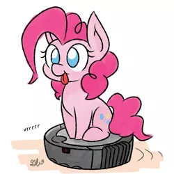 Size: 1000x1000 | Tagged: safe, artist:glimglam, derpibooru import, pinkie pie, earth pony, pony, :p, :t, behaving like a cat, chibi, cute, diapinkes, female, mare, no pupils, onomatopoeia, ponk, roomba, roombapie, silly, simple background, sitting, smiling, solo, tongue out, vrrr, white background