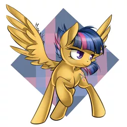 Size: 900x900 | Tagged: safe, artist:moenkin, derpibooru import, oc, oc:starburst, unofficial characters only, pegasus, pony, kilalaverse, abstract background, cutie mark, female, figure, geometric, mare, next generation, offspring, parent:flash sentry, parent:twilight sparkle, parents:flashlight, raised hoof, rhombus, smiling, solo, wings