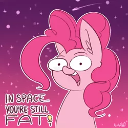 Size: 1536x1536 | Tagged: safe, artist:dsp2003, derpibooru import, pinkie pie, earth pony, pony, brutal honesty, bust, captain obvious, comic, dialogue, ear fluff, female, mare, open mouth, signature, single panel, space, style emulation, wat