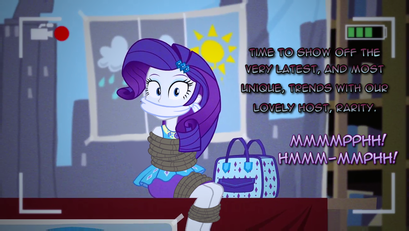 Size: 1288x728 | Tagged: suggestive, artist:snakeythingy, derpibooru import, rarity, best trends forever, equestria girls, equestria girls series, bag, bondage, bound and gagged, camera shot, damsel in distress, dialogue, looking at you, manip, muffled words, photomanipulation, rope, rope bondage, story included, tied up