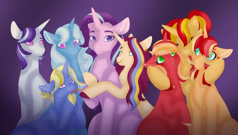 Size: 1024x582 | Tagged: safe, artist:clay-bae, derpibooru import, starlight glimmer, sunset shimmer, trixie, oc, oc:andromeda, oc:dreamcatcher, oc:helios, oc:kindle sparks, oc:moonlight, unicorn, colt, family, female, filly, half-siblings, hug, lesbian, magical lesbian spawn, male, offspring, parent:big macintosh, parent:starlight glimmer, parent:sunset shimmer, parent:trixie, parents:shimmerglimmer, parents:shimmermac, parents:startrix, parents:suntrix, polyamory, shimmerglimmer, shipping, startrix, suntrix