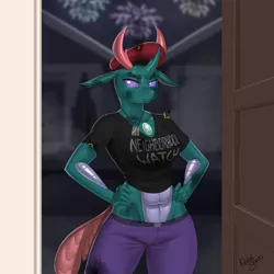 Size: 900x900 | Tagged: safe, artist:kevinsano, derpibooru import, pharynx, anthro, changedling, changeling, abs, burned, clothes, dog tags, female, fireworks, hand on hip, house, looking at you, pants, prince pharynx, rule 63, shirt, solo, trachea, unamused